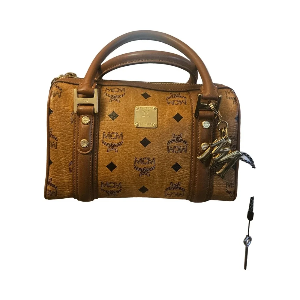 MCM Visetos Boston Bag Cognac Monogram Satchel Gold Hardware C5607